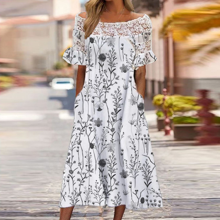 Embroidered Lace Elegant Off-Shoulder Printed A-Line Party Backless Casual Dress