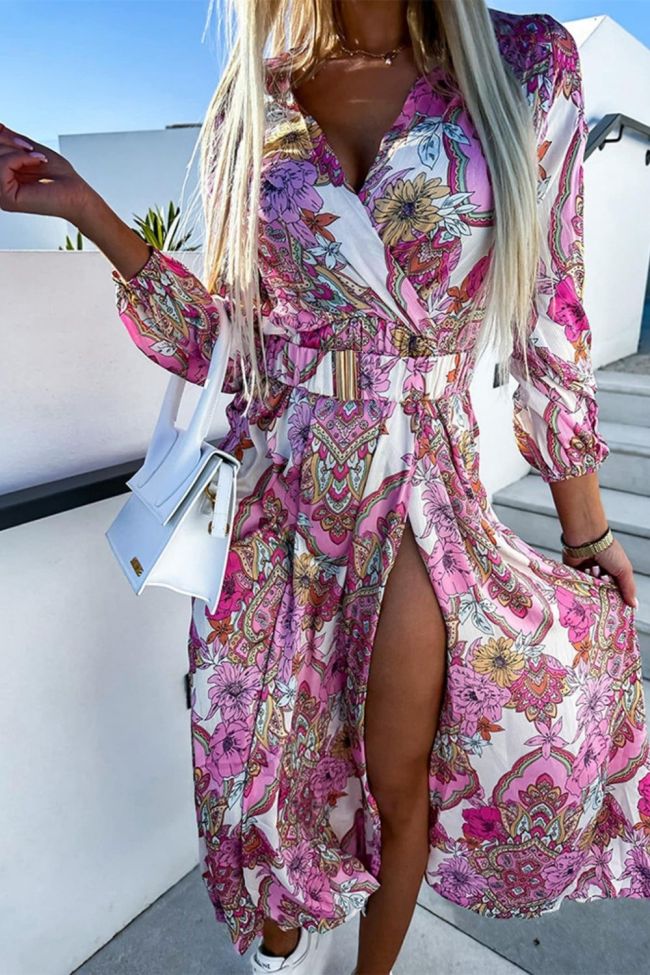 Women's Party Print Long Sleeve V Neck Fashion Elegant Slit  Maxi Dress