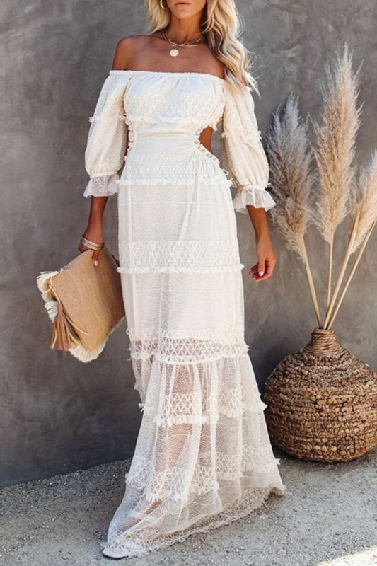 Fashion Sexy Bohemian Off-Shoulder Mesh Slant Neck Pleated Wedding Guest Dress
