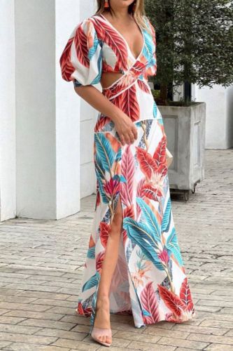 Printed Hollow Elegant Deep V Neck Party Fashion Bohemian Wedding Guest Dress