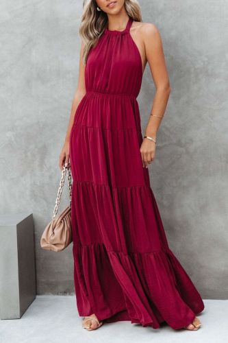 Elegant and Fashionable Halter Neck Strappy Pleated Wedding Guest Dress