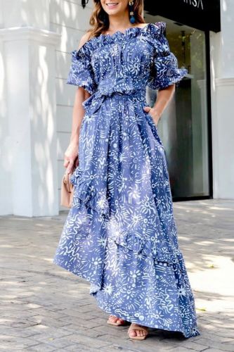 Fashion Print Pleated Lace Party Elegant Ruffle Trim Irregular Wedding Guest Dress