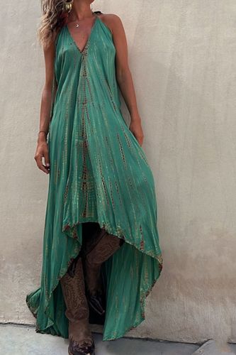 Vintage Print Loose Sleeveless Backless V-Neck A-Line Maxi Dress