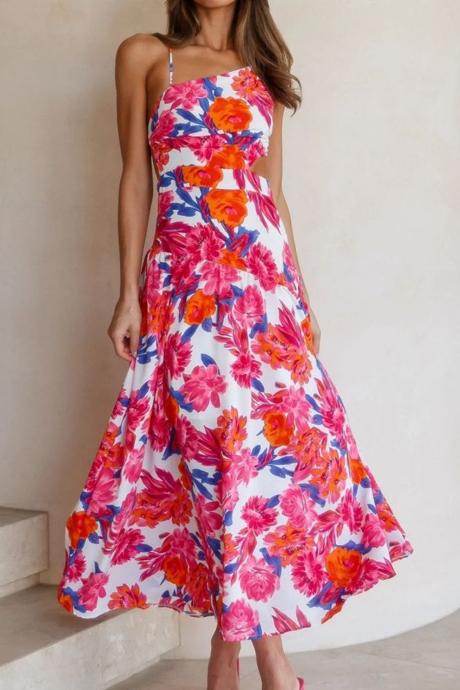 Fashion Print Sleeveless Hollow Waist Bohemian Style Party Wedding Guest Dress