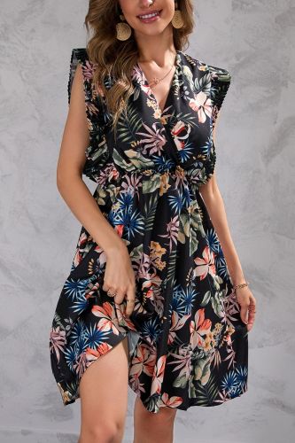 Bohemian Floral Print Ruffled A-Line V-Neck Sleeveless Beach  Casual Dress