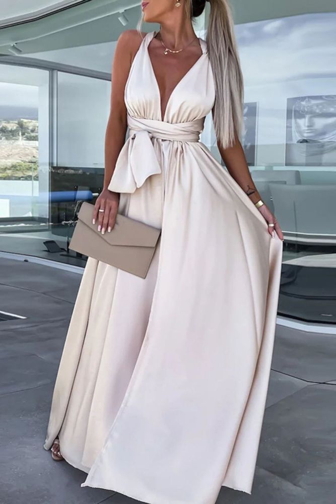 Sexy Lace Up Elegant Strapless Slit Fashion Solid Color Party  Wedding Guest Dress