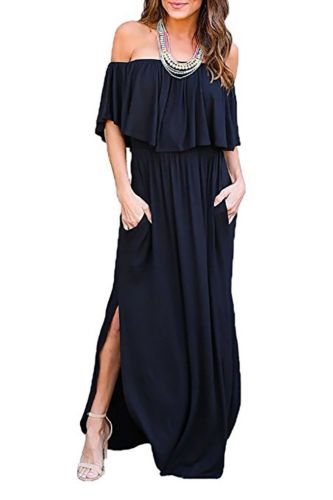 Sexy Elegant Ruffled Strapless Slit Solid Color Stretch  Maxi Dress