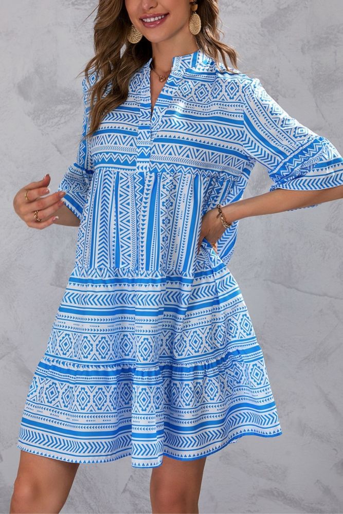 Women's Casual Retro Geometric Print V Neck Loose Mini Dress