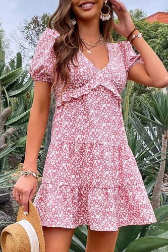 Stylish Casual Floral Ruffle Trim Slim Dress