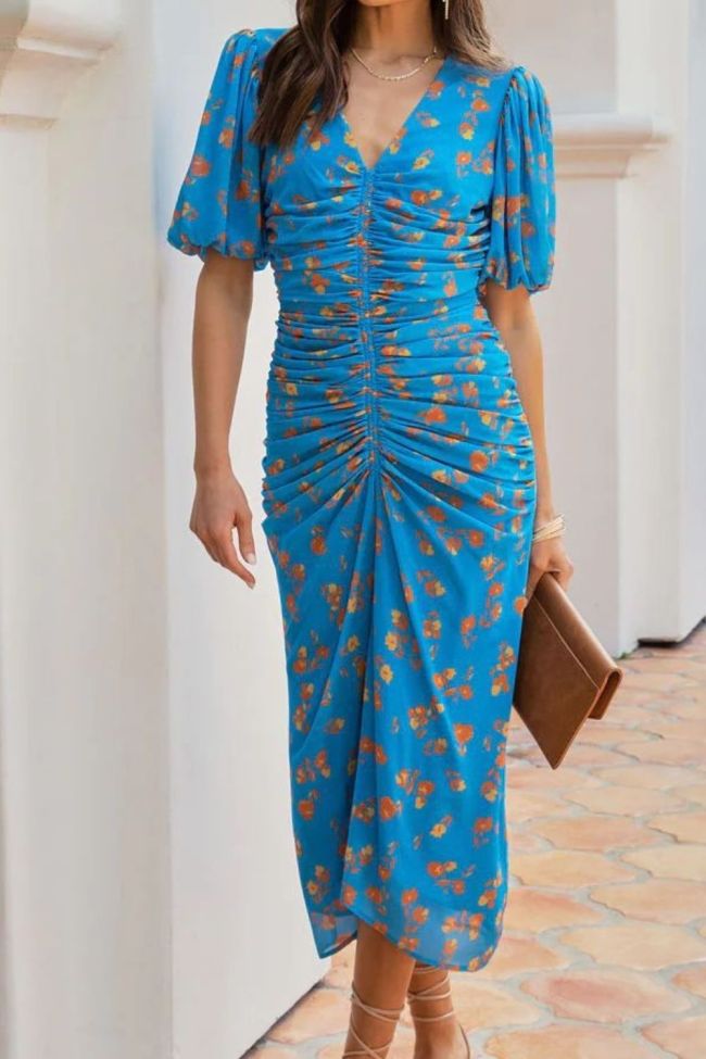 Women's Puff Sleeve Floral Deep V Pleated Fashion Wedding Guest Dress