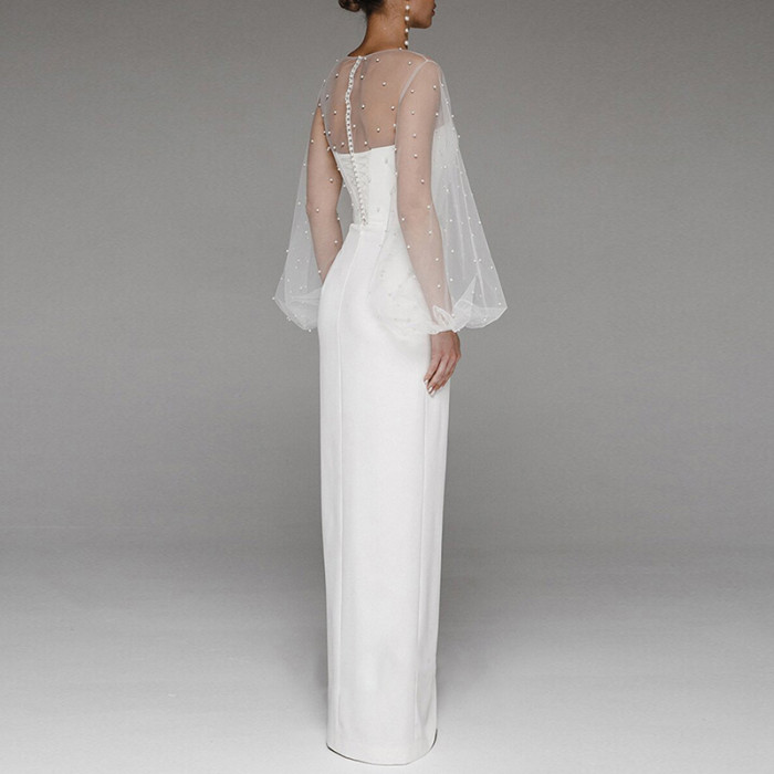 Party Elegant Puff Sleeve Hollow Mesh Tight Slit Prom Wedding Guest Dress