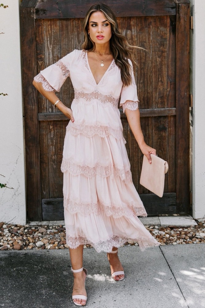 Fashion Ladies Half Sleeve Bohemian Deep V Neck Lace Solid  Maxi Dress