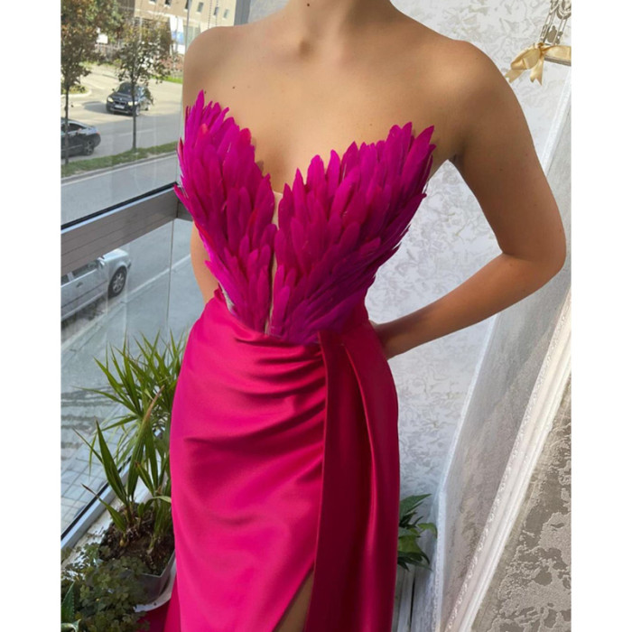 Elegant Sleeveless High Waisted Bustier Sexy Feather Slit Evening Wedding Guest Dress