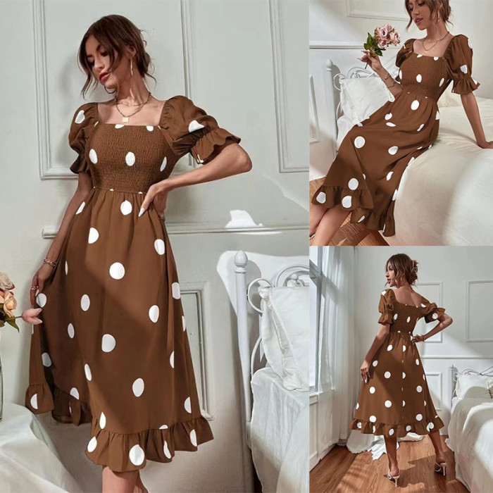 Summer Short Sleeve Square Neck Ruffle High Waist Elegant  Maxi Dress