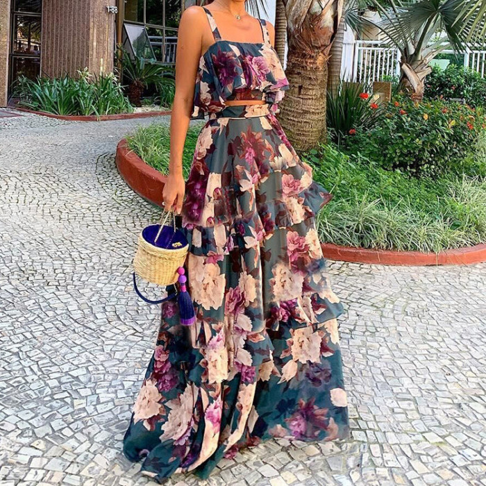Summer Sling Crop +Floral Printed Ruffled High Waist Bohemian Wedding Guest Dress