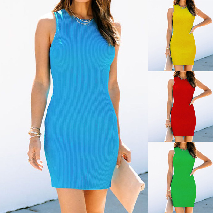 Knitted Round Neck Sleeveless Solid Color Wool Mini Casual Dress