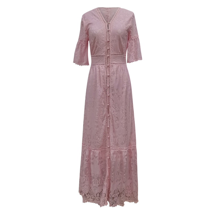 Lace Elegant Sexy Bell Sleeve Off Shoulder V Neck  Maxi Dress
