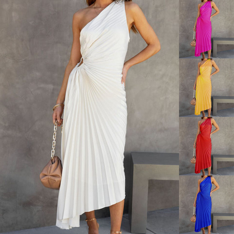 Summer One Shoulder Irregular Fashion Sexy Party Hollow Pleated  Maxi Dress