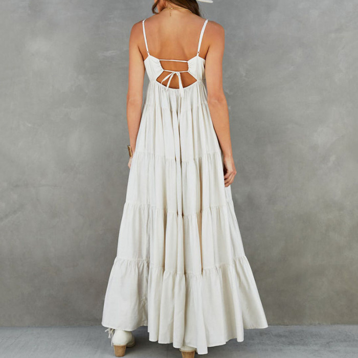 Sexy V-Neck Suspenders Large Swing Casual Backless Maxi Dress