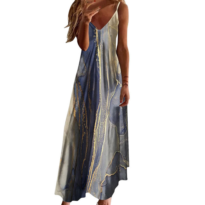 Summer V-Neck Sexy A-Line Print Loose Party Sling  Maxi Dress