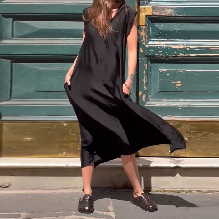 Fashion Elegant Solid Color Satin Sexy V Neck Sleeveless Casual Dress