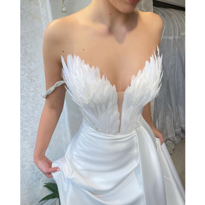 Elegant Sleeveless High Waisted Bustier Sexy Feather Slit Evening Wedding Guest Dress