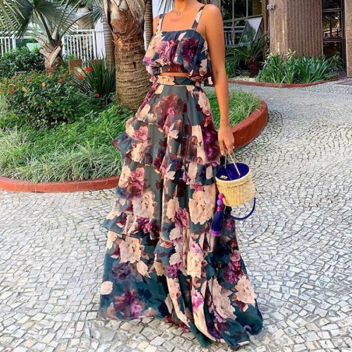Summer Sling Crop +Floral Printed Ruffled High Waist Bohemian Wedding Guest Dress