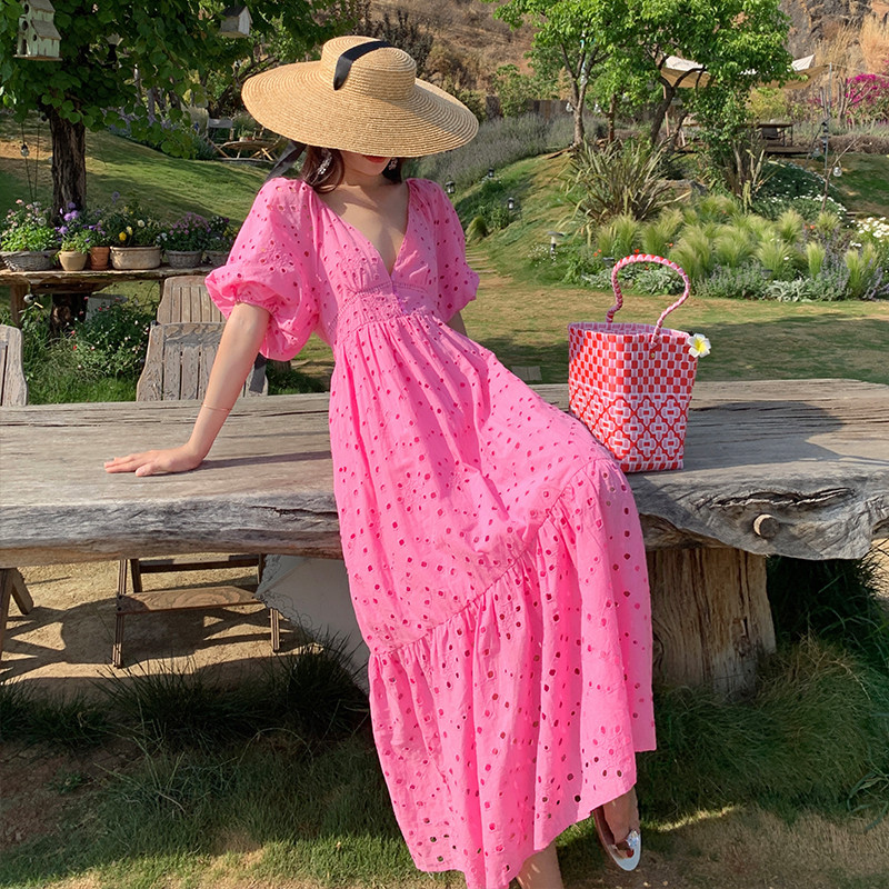 Bohemian Cutout Embroidery Sexy Deep V Neck Vintage Fashion Maxi Dress