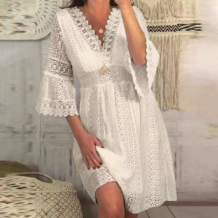 Fashion V Neck Embroidered Lace Sexy Solid Color Cutout Party Wedding Guest Dress