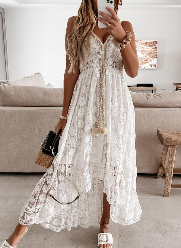 Lace Tassel V Neck Party Elegant Hollow Sleeveless Off Shoulder  Maxi Dress