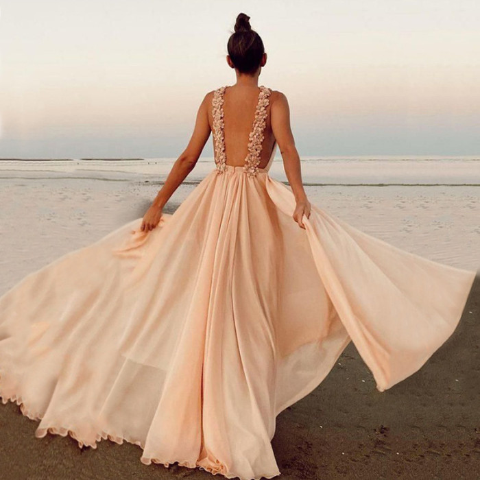 Women's Stylish Sexy Slim Big Swing Backless Wedding Guest Dress
