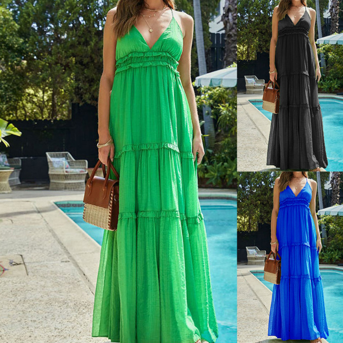 Fashion Solid Color Party Ruffle Deep V Neck Backless Maxi Dress