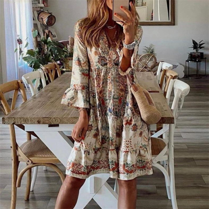 Fashion Ladies Elegant V Neck High Waist Party Retro Print Casual Dress