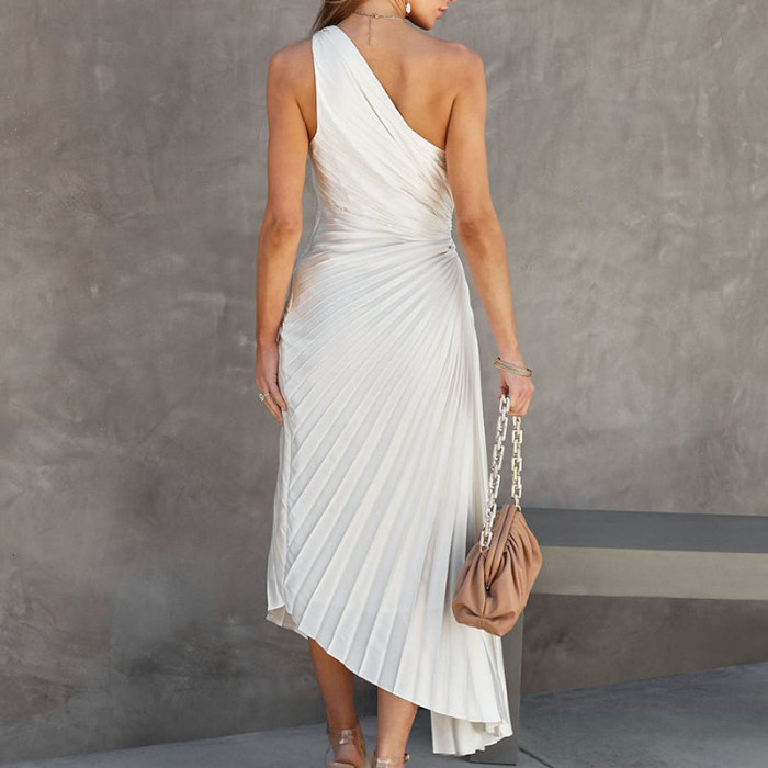 Summer One Shoulder Irregular Fashion Sexy Party Hollow Pleated  Maxi Dress