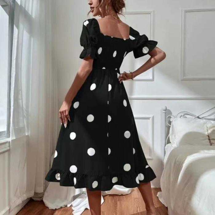 Summer Short Sleeve Square Neck Ruffle High Waist Elegant  Maxi Dress