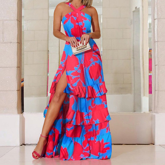 Women Fashion Sexy Bohemian Print Cutout Wedding Guest Dress