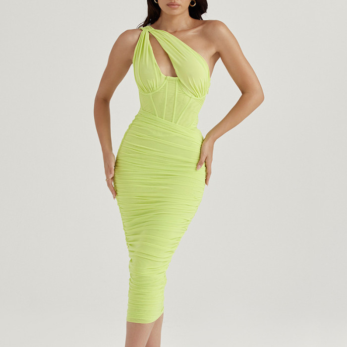 Mesh One Shoulder Backless Fashion Hollow Sleeveless Pleated  Bodycon Dress