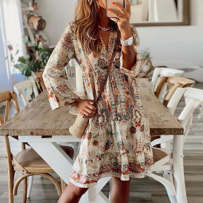 Fashion Ladies Elegant V Neck High Waist Party Retro Print Casual Dress