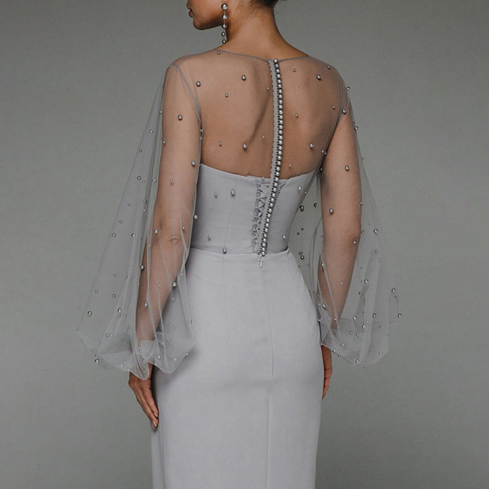 Party Elegant Puff Sleeve Hollow Mesh Tight Slit Prom Wedding Guest Dress