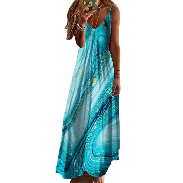 Summer V-Neck Sexy A-Line Print Loose Party Sling  Maxi Dress