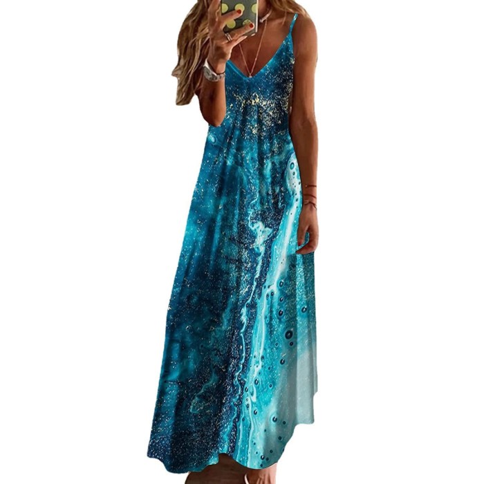 Summer V-Neck Sexy A-Line Print Loose Party Sling  Maxi Dress