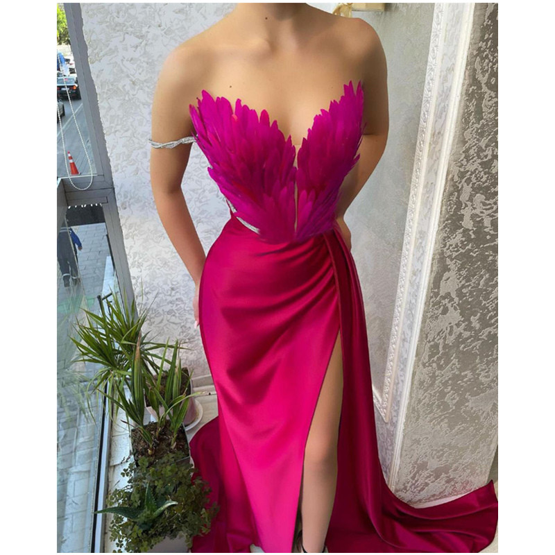 Elegant Sleeveless High Waisted Bustier Sexy Feather Slit Evening Wedding Guest Dress