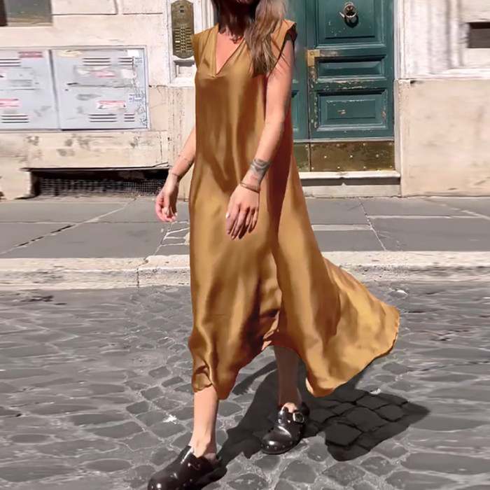 Fashion Elegant Solid Color Satin Sexy V Neck Sleeveless Casual Dress