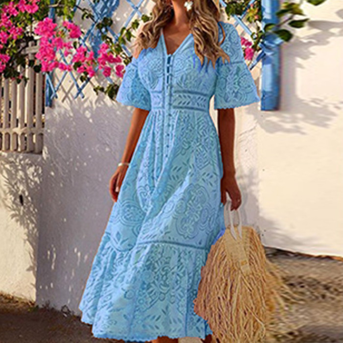 Lace Elegant Sexy Bell Sleeve Off Shoulder V Neck  Maxi Dress