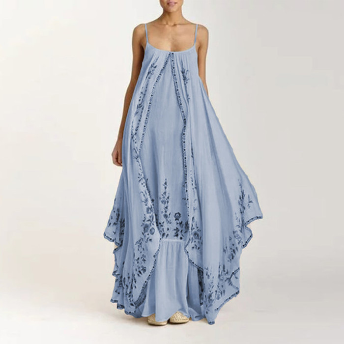 Retro Loose Irregular Print Casual Bohemian Sleeveless Elegant  Maxi Dress