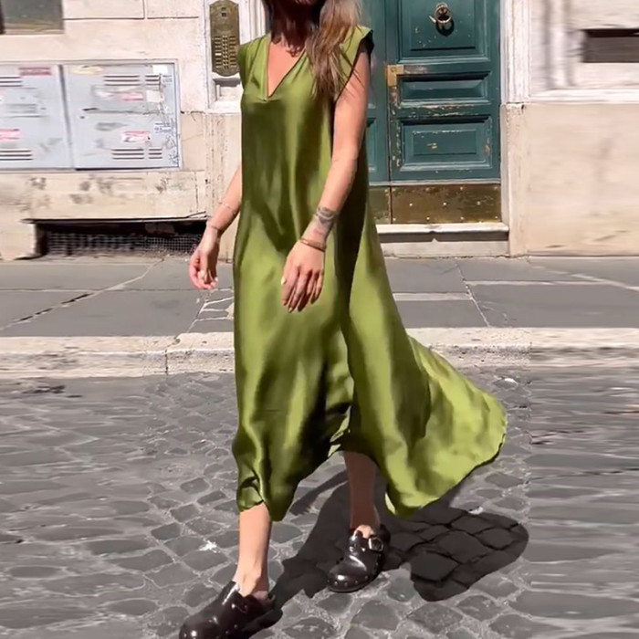 Fashion Elegant Solid Color Satin Sexy V Neck Sleeveless Casual Dress