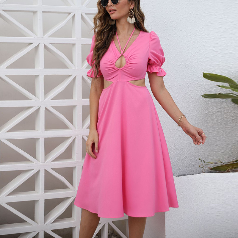 Casual Women's Elegant V Neck Fashion Solid Color Irregular  Maxi Dress