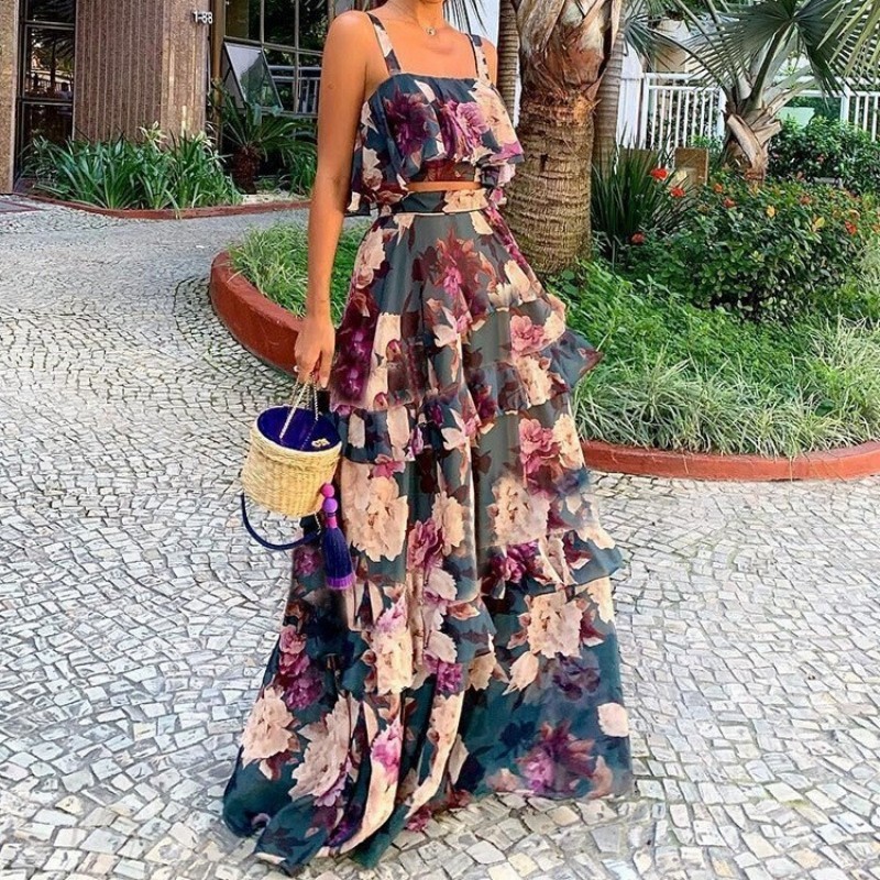Summer Sling Crop +Floral Printed Ruffled High Waist Bohemian Wedding Guest Dress