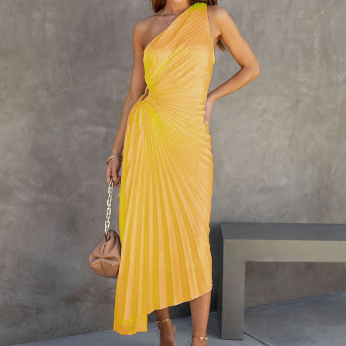 Summer One Shoulder Irregular Fashion Sexy Party Hollow Pleated  Maxi Dress