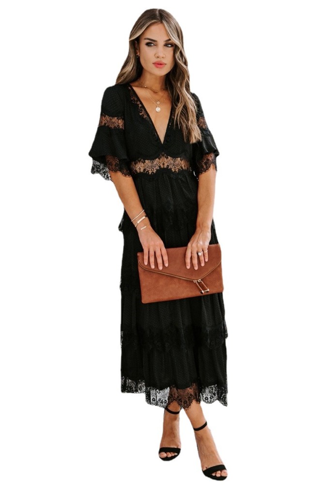 Fashion Ladies Half Sleeve Bohemian Deep V Neck Lace Solid  Maxi Dress